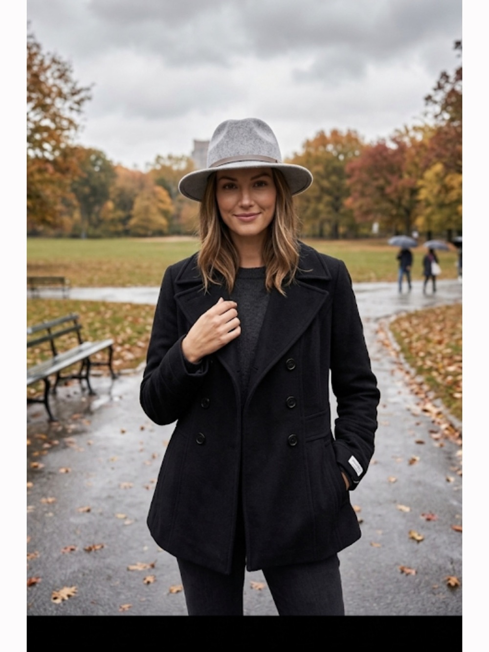 St. John's Bay Black Double-Breasted Pea Coat cashmere blend ptp 21